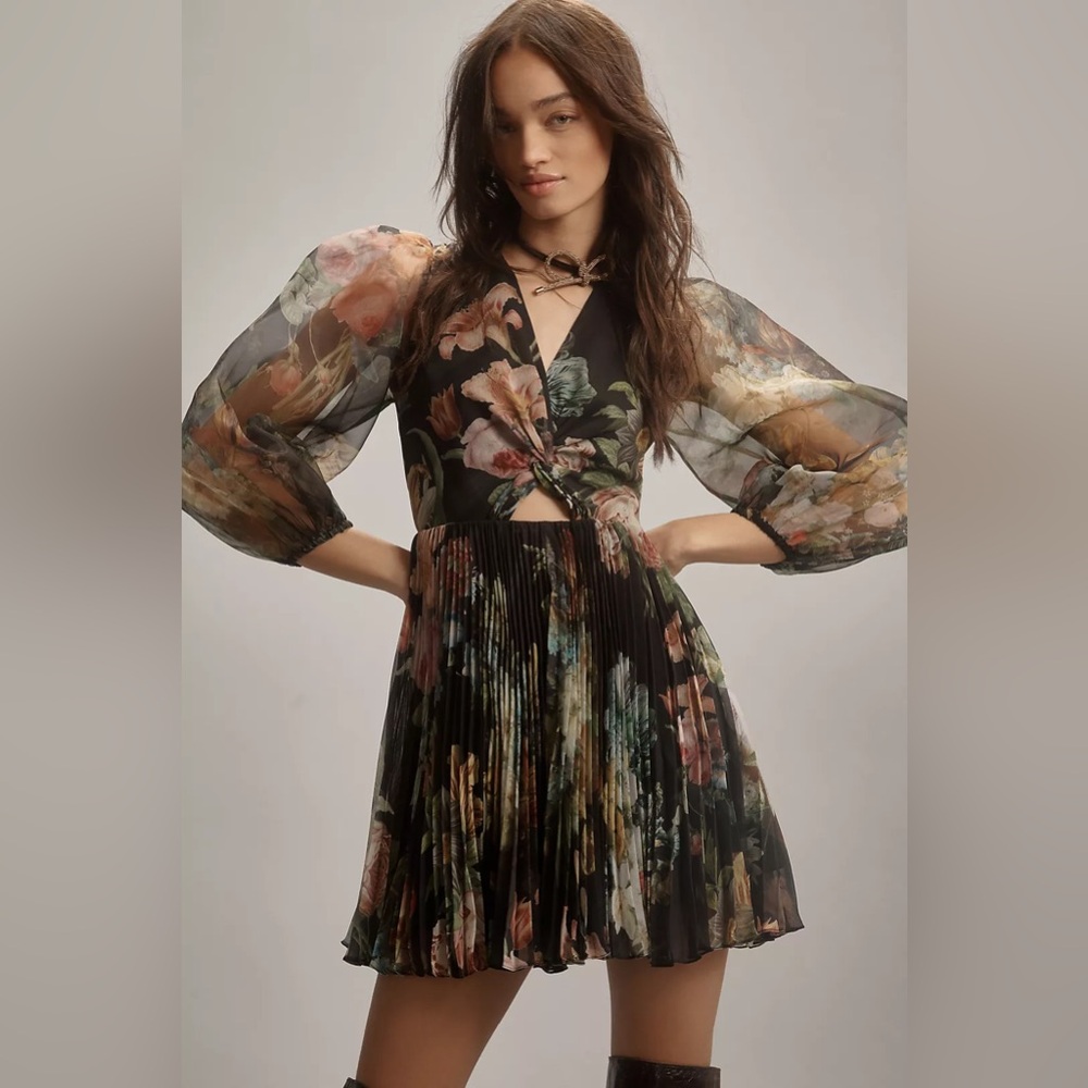 NWT Pankaj & Nidhi Anthropologie Long-Sleeve V-Neck Cutout Mini Dress SOLD OUT!
